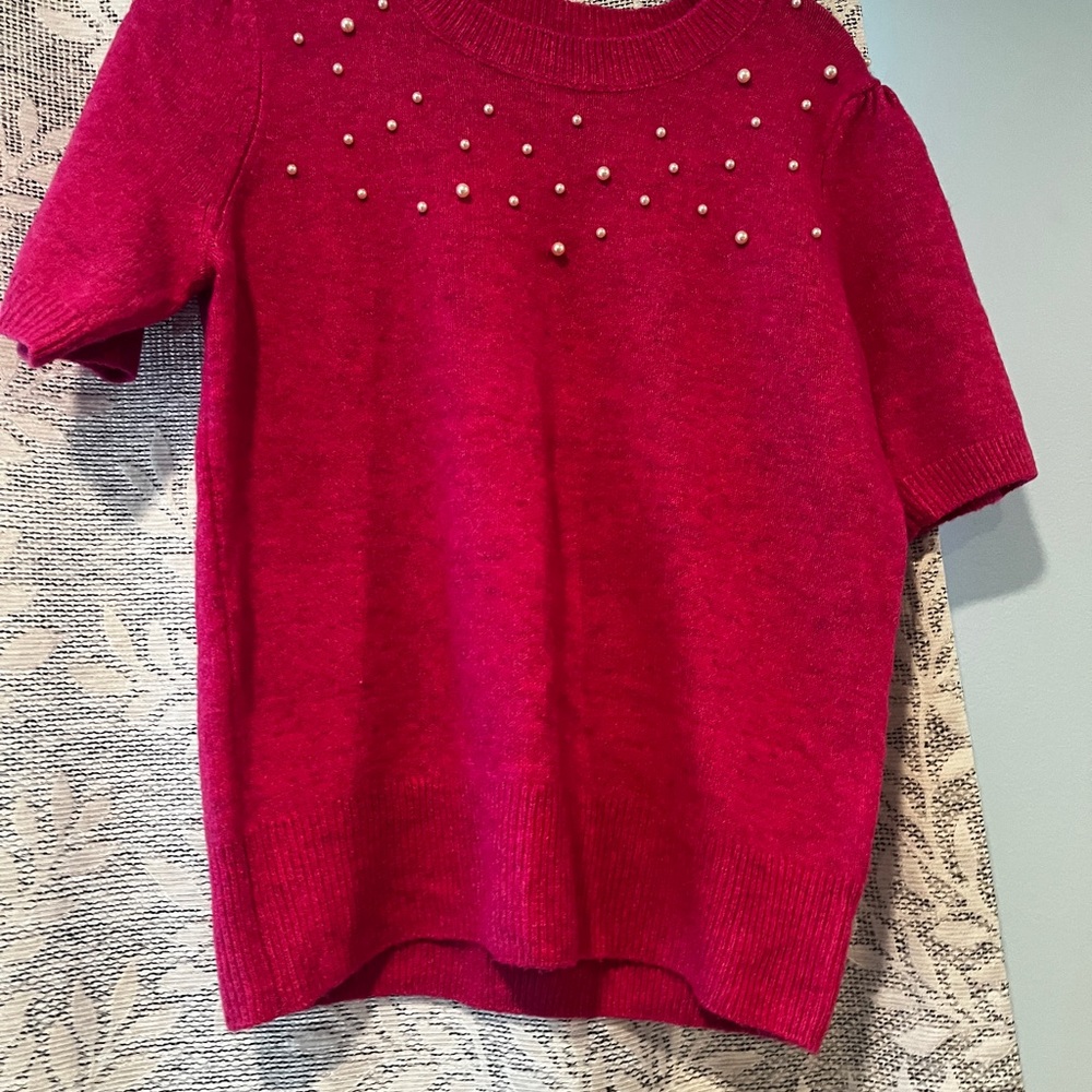 CeCe pink Short Sleeve Blouse with Pearl Accents